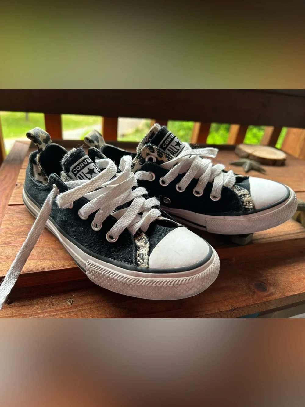 Converse All Star Low Top Black Canvas Sneakers Size 13 Black & Leopard print